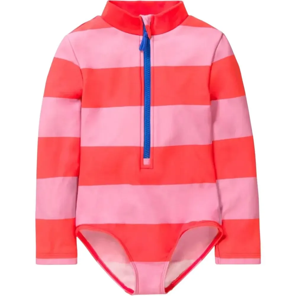 Boden Long-Sleeved Swimsuit Long Sleeve Zip Up High Neck Striped Pink 11-12 NWT